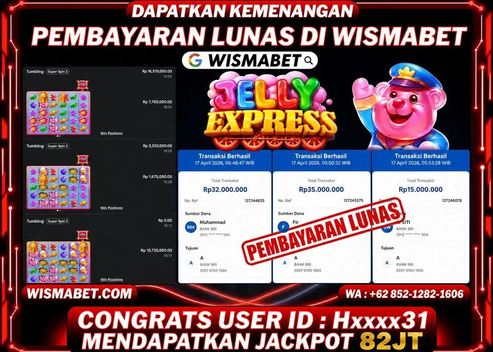 Wismabet - BUKTI KEMENANGAN JACKPOT Jelly Express Rp82,000,000,- LUNAS